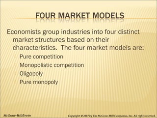 Economists group industries into four distinct
market structures based on their
characteristics. The four market models are:





Pure competition
Monopolistic competition
Oligopoly
Pure monopoly

McGraw-Hill/Irwin

Copyright © 2007 by The McGraw-Hill Companies, Inc. All rights reserved.

 