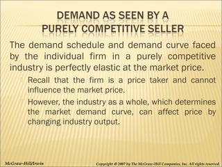 The demand schedule and demand curve faced
by the individual firm in a purely competitive
industry is perfectly elastic at the market price.




Recall that the firm is a price taker and cannot
influence the market price.
However, the industry as a whole, which determines
the market demand curve, can affect price by
changing industry output.

McGraw-Hill/Irwin

Copyright © 2007 by The McGraw-Hill Companies, Inc. All rights reserved.

 
