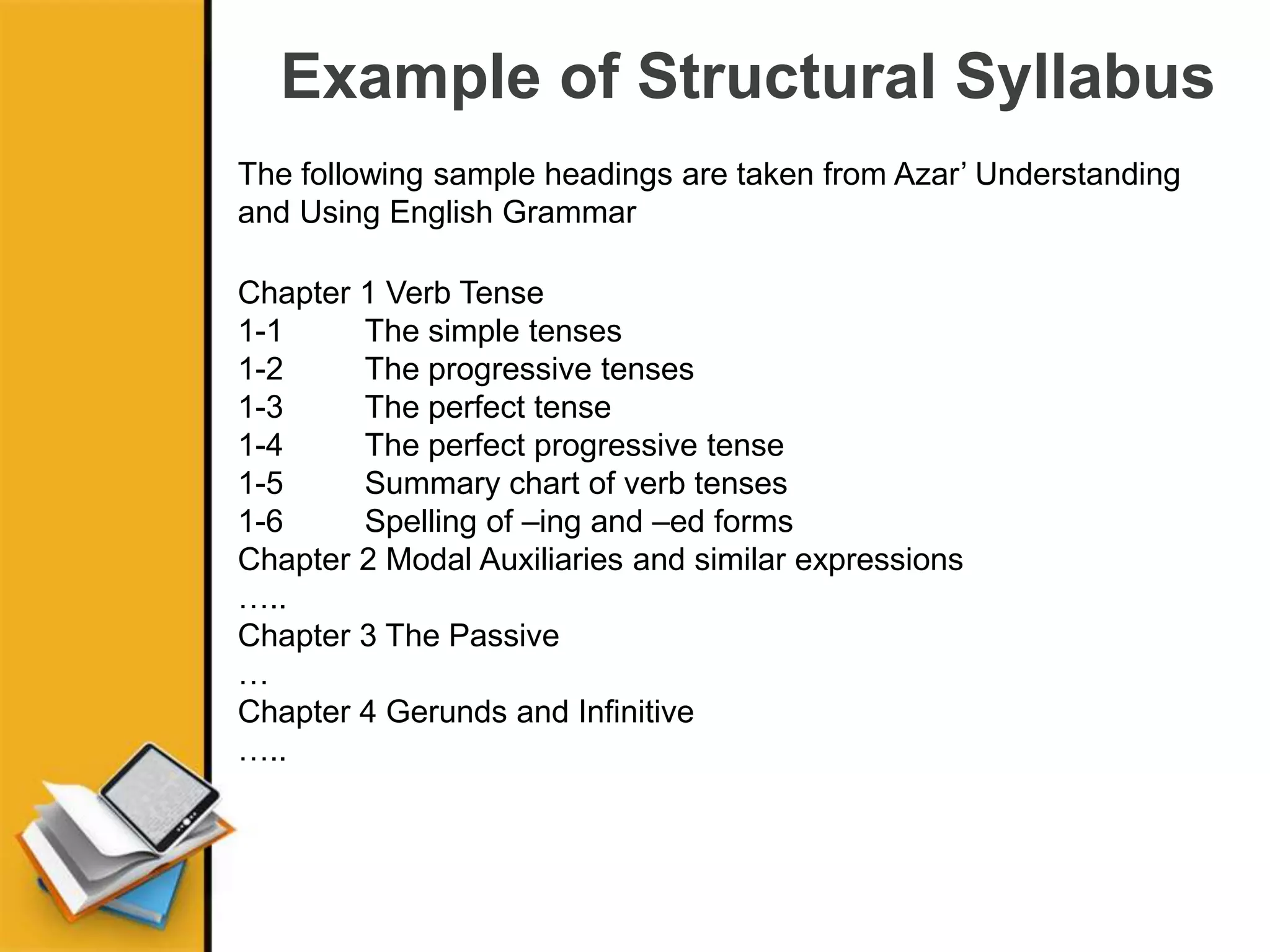 Example of Structural Syllabus
The following sample headings are taken from Azar’ Understanding
and Using English Grammar
Chapter 1 Verb Tense
1-1 The simple tenses
1-2 The progressive tenses
1-3 The perfect tense
1-4 The perfect progressive tense
1-5 Summary chart of verb tenses
1-6 Spelling of –ing and –ed forms
Chapter 2 Modal Auxiliaries and similar expressions
…..
Chapter 3 The Passive
…
Chapter 4 Gerunds and Infinitive
…..
 