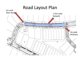 Road Layout Plan6m wide
Main Road
4m wide
Driveway
1.25m wide
footpath
 