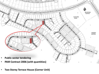 • Public sector tendering
• PAM Contract 2006 (with quantities)
• Two Storey Terrace House (Corner Unit)
 