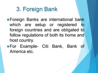 3. Foreign Bank
⚫Foreign Banks are international bank
which are setup or registered in
foreign countries and are obligated to
follow regulations of both its home and
host country.
⚫For Example- Citi Bank, Bank of
America etc.
 