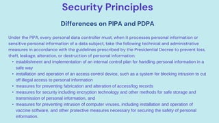 Security Principles
Differences on PIPA and PDPA
Under the PIPA, every personal data controller must, when it processes personal information or
sensitive personal information of a data subject, take the following technical and administrative
measures in accordance with the guidelines prescribed by the Presidential Decree to prevent loss,
theft, leakage, alteration, or destruction of personal information:
• establishment and implementation of an internal control plan for handling personal information in a
safe way
• installation and operation of an access control device, such as a system for blocking intrusion to cut
off illegal access to personal information
• measures for preventing fabrication and alteration of access/log records
• measures for security including encryption technology and other methods for safe storage and
transmission of personal information, and
• measures for preventing intrusion of computer viruses, including installation and operation of
vaccine software, and other protective measures necessary for securing the safety of personal
information.
 