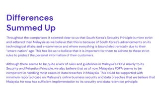 Differences
Summed Up
Throughout the comparison, it seemed clear to us that South Korea’s Security Principle is more strict
and adhered than Malaysia as we believe that this is because of South Korea’s advancements on its
technological affairs and e-commerce and where everything is bound electronically due to their
“smart-nation” age. This has led us to believe that it is important for them to adhere to these strict
rules to protect the personal information of their customers.
Although there seems to be quite a lack of rules and guidelines in Malaysia’s PDPA mainly to its
Security and Retention Principle, we also believe that as of now, Malaysia’s PDPA seems to be
competent in handling most cases of data breaches in Malaysia. This could be supported with
minimum reported case on Malaysia’s online business security and data breaches that we believe that
Malaysia, for now has sufficient implementation to its security and data retention principle.
 