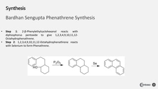 Bardhan Sengupta Phenathrene Synthesis
Synthesis
39
• Step 1: 2-β-Phenylethylcyclohexanol reacts with
diphosphorus pentoxide to give 1,2,3,4,9,10,11,12-
Octahydrophenathrene.
• Step 2: 1,2,3,4,9,10,11,12-Octahydrophenathrene reacts
with Selenium to form Phenathrene.
 