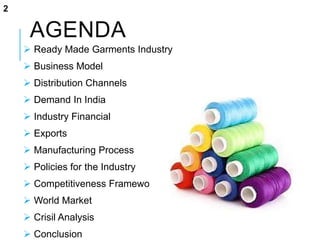 AGENDA
 Ready Made Garments Industry
 Business Model
 Distribution Channels
 Demand In India
 Industry Financial
 Exports
 Manufacturing Process
 Policies for the Industry
 Competitiveness Framework
 World Market
 Crisil Analysis
 Conclusion
2
 