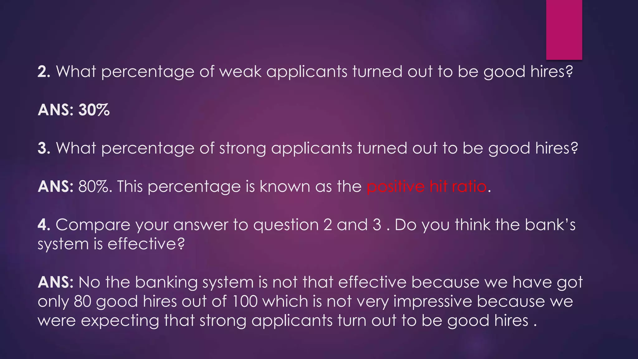 2. What percentage of weak applicants turned out to be good hires?
ANS: 30%
3. What percentage of strong applicants turned out to be good hires?
ANS: 80%. This percentage is known as the positive hit ratio.
4. Compare your answer to question 2 and 3 . Do you think the bank’s
system is effective?
ANS: No the banking system is not that effective because we have got
only 80 good hires out of 100 which is not very impressive because we
were expecting that strong applicants turn out to be good hires .
 