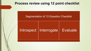 Process review using 12 point checklist
Interpersonal Informational
Decisional
Segmentation of 12-Question Checklist
Introspect Interrogate Evaluate
 
