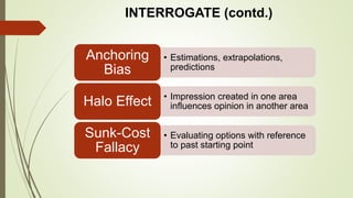 • Estimations, extrapolations,
predictions
Anchoring
Bias
• Impression created in one area
influences opinion in another areaHalo Effect
• Evaluating options with reference
to past starting point
Sunk-Cost
Fallacy
INTERROGATE (contd.)
 