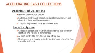 ACCELERATING CASH COLLECTIONS
Decentralised Collections
 Number of collection centres
 Collection centres will collect cheques from customers and
deposit in their local bank accounts
 They will deposit the funds to a central bank
Lock-box System
 Collection centers are established considering the customer
locations and volume of remittances
 At each Centre the firm hires a post office box
 Remittances are directly picked from the bank whom the firm
gives the authority
 