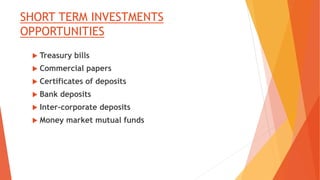 SHORT TERM INVESTMENTS
OPPORTUNITIES
 Treasury bills
 Commercial papers
 Certificates of deposits
 Bank deposits
 Inter-corporate deposits
 Money market mutual funds
 