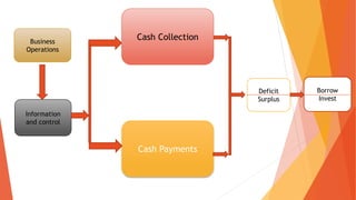 Business
Operations
Information
and control
Cash Payments
Deficit
Surplus
Borrow
Invest
Cash Collection
 