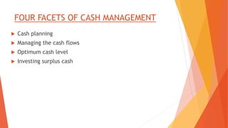 FOUR FACETS OF CASH MANAGEMENT
 Cash planning
 Managing the cash flows
 Optimum cash level
 Investing surplus cash
 