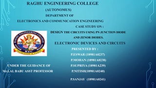 RAGHU ENGINEERING COLLEGE
(AUTONOMUS)
DEPARTMENT OF
ELECTRONICS AND COMMUNICATION ENGINEERING
CASE STUDY ON :
DESIGN THE CIRCUITS USING PN JUNCTION DIODE
AND ZENOR DIODES.
ELECTRONIC DEVICES AND CIRCUITS
PRESENTED BY :
P.ESWAR (18981A0237)
P.MOHAN (18981A0238)
UNDER THE GUIDANCE OF P.SUPRIYA (18981A239)
Mr.LAL BABU ASST PROFESSOR P.NITISH(18981A0240)
P.SANJAY (18981A0241)
 