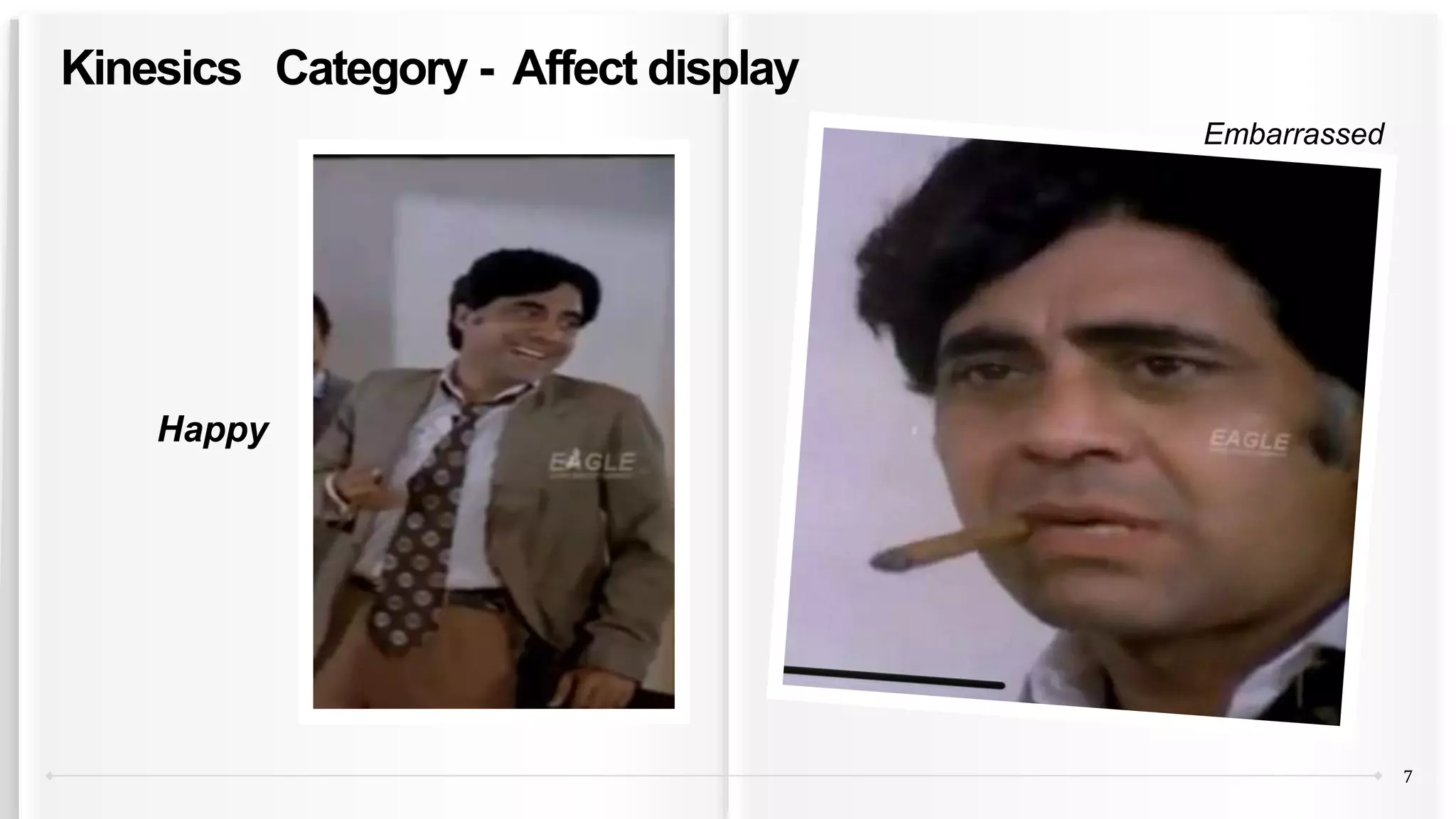 7
Kinesics Category - Affect display
Happy
Embarrassed
 