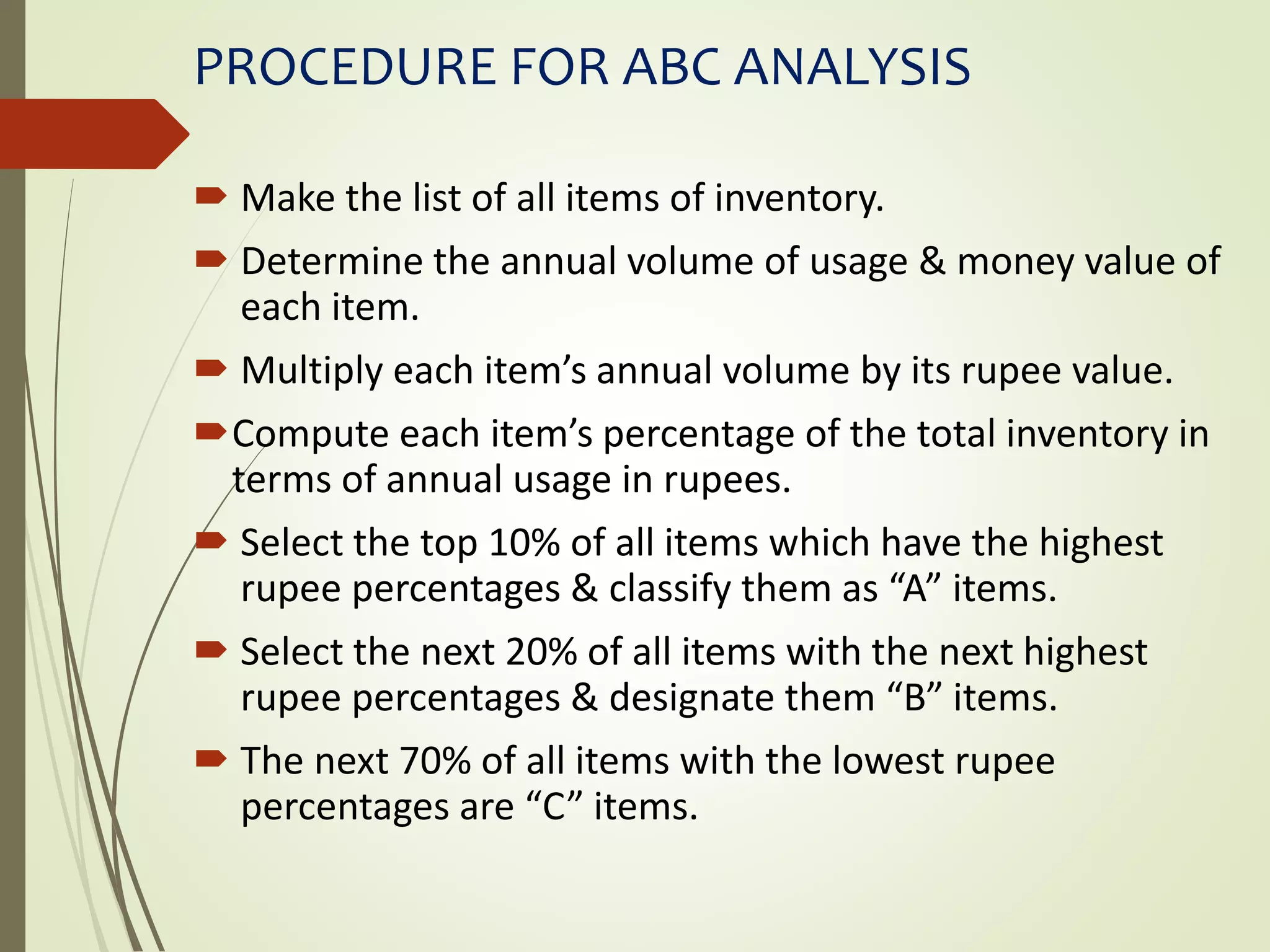 PROCEDURE FOR ABC ANALYSIS
 Make the list of all items of inventory.
 Determine the annual volume of usage & money value of
each item.
 Multiply each item’s annual volume by its rupee value.
Compute each item’s percentage of the total inventory in
terms of annual usage in rupees.
 Select the top 10% of all items which have the highest
rupee percentages & classify them as “A” items.
 Select the next 20% of all items with the next highest
rupee percentages & designate them “B” items.
 The next 70% of all items with the lowest rupee
percentages are “C” items.
 