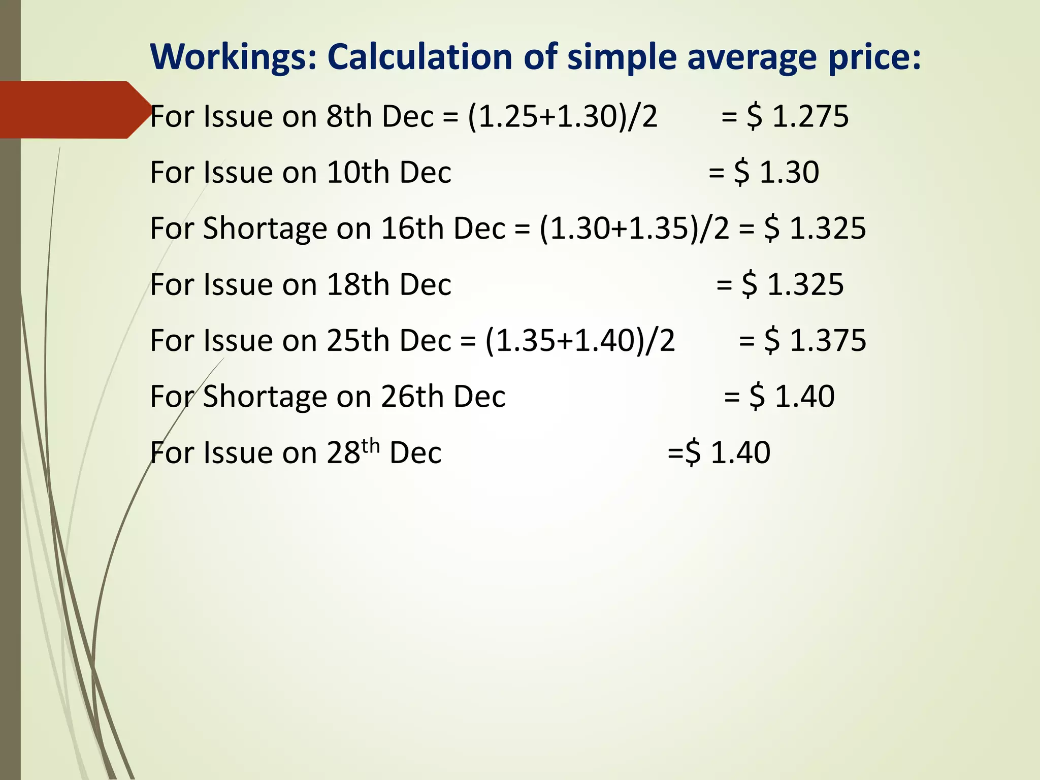 Workings: Calculation of simple average price:
For Issue on 8th Dec = (1.25+1.30)/2 = $ 1.275
For Issue on 10th Dec = $ 1.30
For Shortage on 16th Dec = (1.30+1.35)/2 = $ 1.325
For Issue on 18th Dec = $ 1.325
For Issue on 25th Dec = (1.35+1.40)/2 = $ 1.375
For Shortage on 26th Dec = $ 1.40
For Issue on 28th Dec =$ 1.40
 