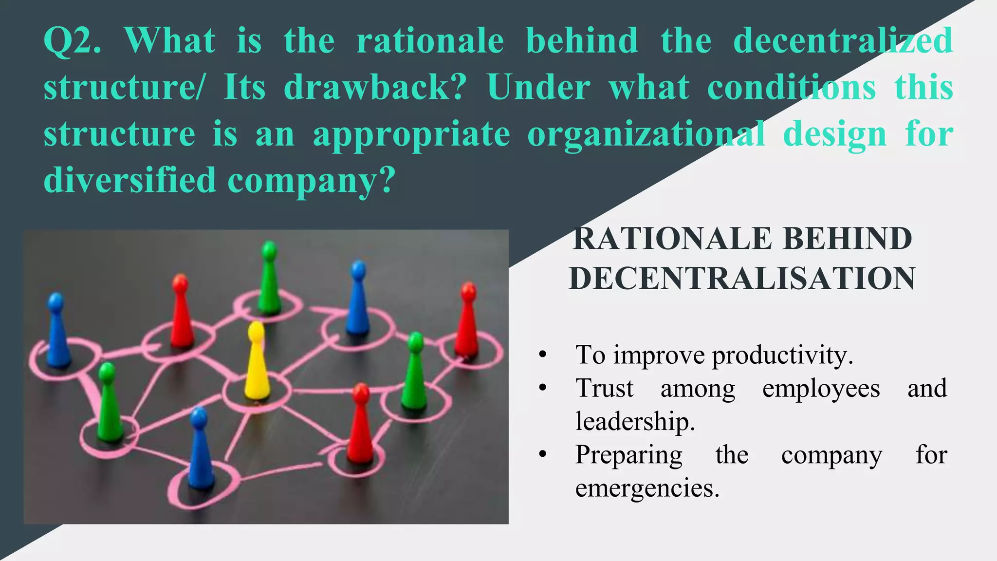 Q2. What is the rationale behind the decentralized
structure/ Its drawback? Under what conditions this
structure is an appropriate organizational design for
diversified company?
RATIONALE BEHIND
DECENTRALISATION
• To improve productivity.
• Trust among employees and
leadership.
• Preparing the company for
emergencies.
 