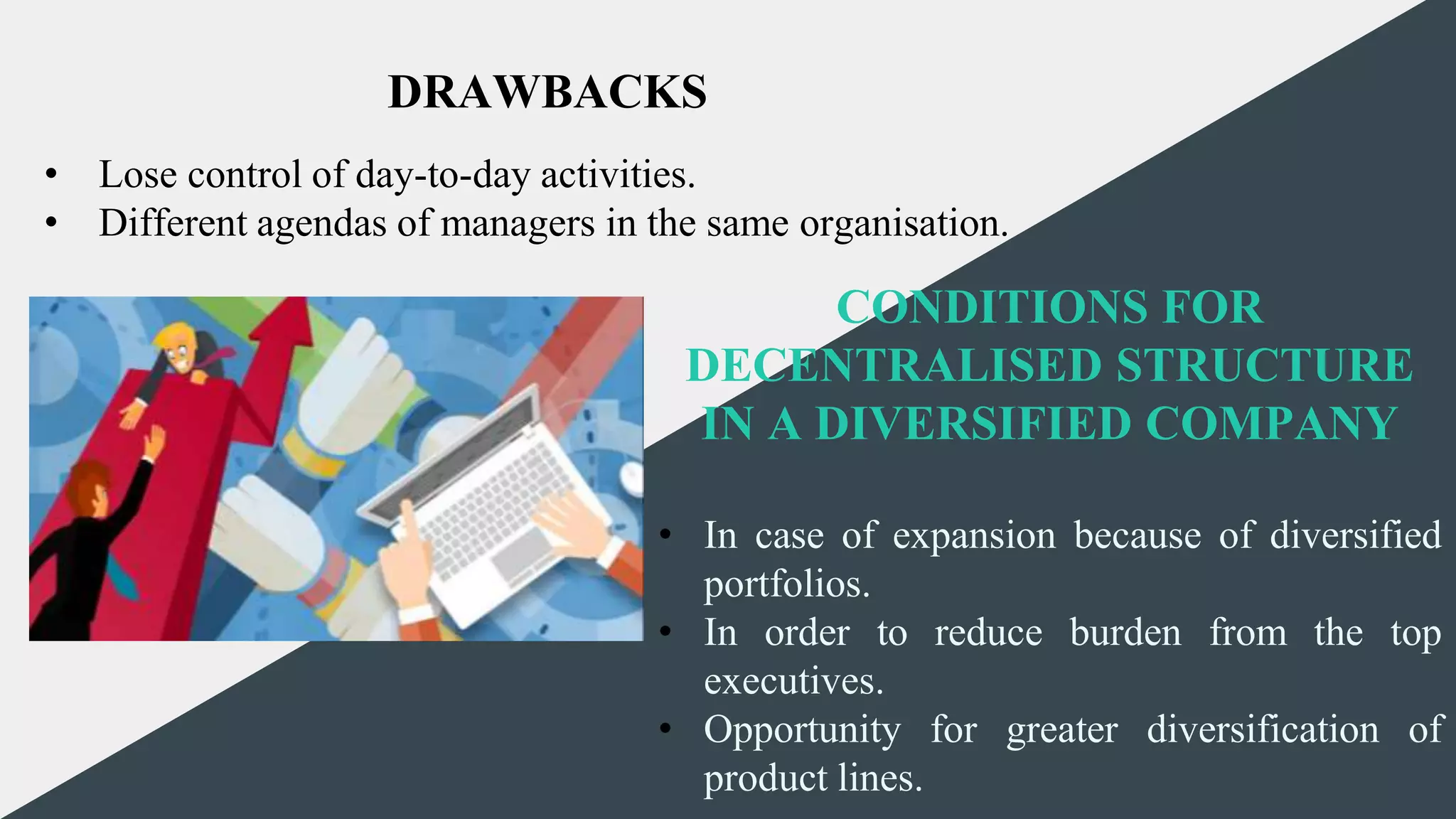 CREDITS: This presentation template was created by Slidesgo,
including icons by Flaticon, and infographics & images by
Freepik and illustrations by Stories
CONDITIONS FOR
DECENTRALISED STRUCTURE
IN A DIVERSIFIED COMPANY
• In case of expansion because of diversified
portfolios.
• In order to reduce burden from the top
executives.
• Opportunity for greater diversification of
product lines.
DRAWBACKS
• Lose control of day-to-day activities.
• Different agendas of managers in the same organisation.
 