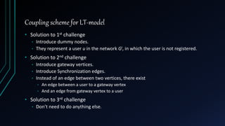 Coupling scheme for LT-model
• Solution to 1st challenge
• Introduce dummy nodes.
• They represent a user u in the network Gi, in which the user is not registered.
• Solution to 2nd challenge
• Introduce gateway vertices.
• Introduce Synchronization edges.
• Instead of an edge between two vertices, there exist
• An edge between a user to a gateway vertex
• And an edge from gateway vertex to a user
• Solution to 3rd challenge
• Don’t need to do anything else.
 