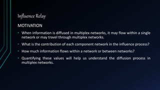 Influence Relay
MOTIVATION
• When information is diffused in multiplex networks, it may flow within a single
network or may travel through multiplex networks.
• What is the contribution of each component network in the influence process?
• How much information flows within a network or between networks?
• Quantifying these values will help us understand the diffusion process in
multiplex networks.
 