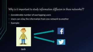 Why is it important to study information diffusion in these networks??
• Considerable number of overlapping users
• Users can relay the information from one network to another
• Example:
Jack
 