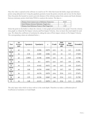 PAGE 2
Once the video is opened on the software we need to set T0. After that locate the bullet, target and reference
points using add point tool. Using the quadrant geometry locate the points correctly and set size for the object.
Once the points the located we need to provide distance of the reference plane from camera and Scale distance
between stationary points which help TEMA to analysis the motion. The data is -:
Distance from Camera Lens to Reference Frame (in.) 38.25
Scale Distance between Stationary Targets (in.) 3
Distance from Reference Frame to Sled Target (in.) -3.25
Select the point on the bullet to obtain the velocity vs time graph and acceleration time graph. From the velocity
time graph we obtain the Pre Impact velocity and Post Impact Velocity. Also we know the crush depth for each
case. We obtain the coefficient of restitution by taking the ratio of Post impact velocity to Pre Impact Velocity.
The corresponding values are tabulated below -:
Test
Air
Pressure
(psi)
Vpre(m/s) Vpost(m/s) e Crush
Sled
Weight
(lb)
Sled
Wt.(kgs)
Ecrush(J)
TEST
1 40 2.6 -0.206 0.079 0.53 14 6.3 21.301
TEST
2 50 2.38 -0.205 0.086 0.95 14 6.3 17.829
TEST
3 60 2.0923 -0.196 0.094 0.93 14 6.3 13.760
TEST
4 40 1.4 -0.1 0.071 0.67 19.7 8.9 8.701
TEST
5 50 2.25 -0.162 0.072 1.05 19.7 8.9 22.472
TEST
6 60 1.88 -0.154 0.082 1.26 19.7 8.9 15.665
TEST
7 30 2.2 -0.174 0.079 0.54 25.4 11.5 27.671
TEST
8 40 1.95 -0.126 0.065 1.60 25.4 11.5 21.785
TEST
9 50 1.48 -0.115 0.078 2.02 25.4 11.5 12.526
The only input value which we have with us is the crush depth. Therefore we make a calibration plot of
Coefficient of restitution vs Crush Depth
 