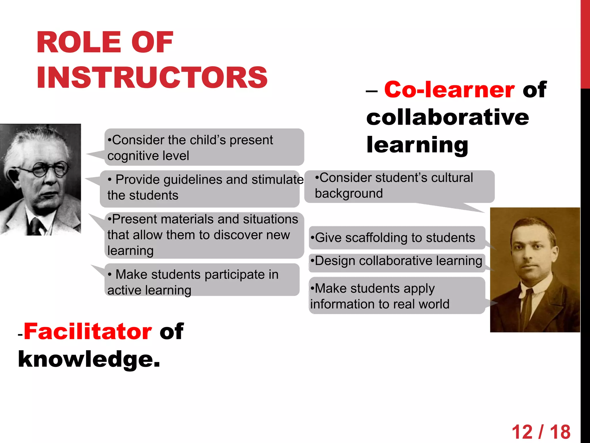 ROLE OF
 INSTRUCTORS                                        – Co-learner of
                                                    collaborative
        •Consider the child’s present
        cognitive level
                                                    learning
        • Provide guidelines and stimulate •Consider student’s cultural
        the students                       background
        •Present materials and situations
        that allow them to discover new   •Give scaffolding to students
        learning
                                          •Design collaborative learning
        • Make students participate in
        active learning                   •Make students apply
                                          information to real world

-Facilitator
          of
knowledge.


                                                                           12 / 18
 