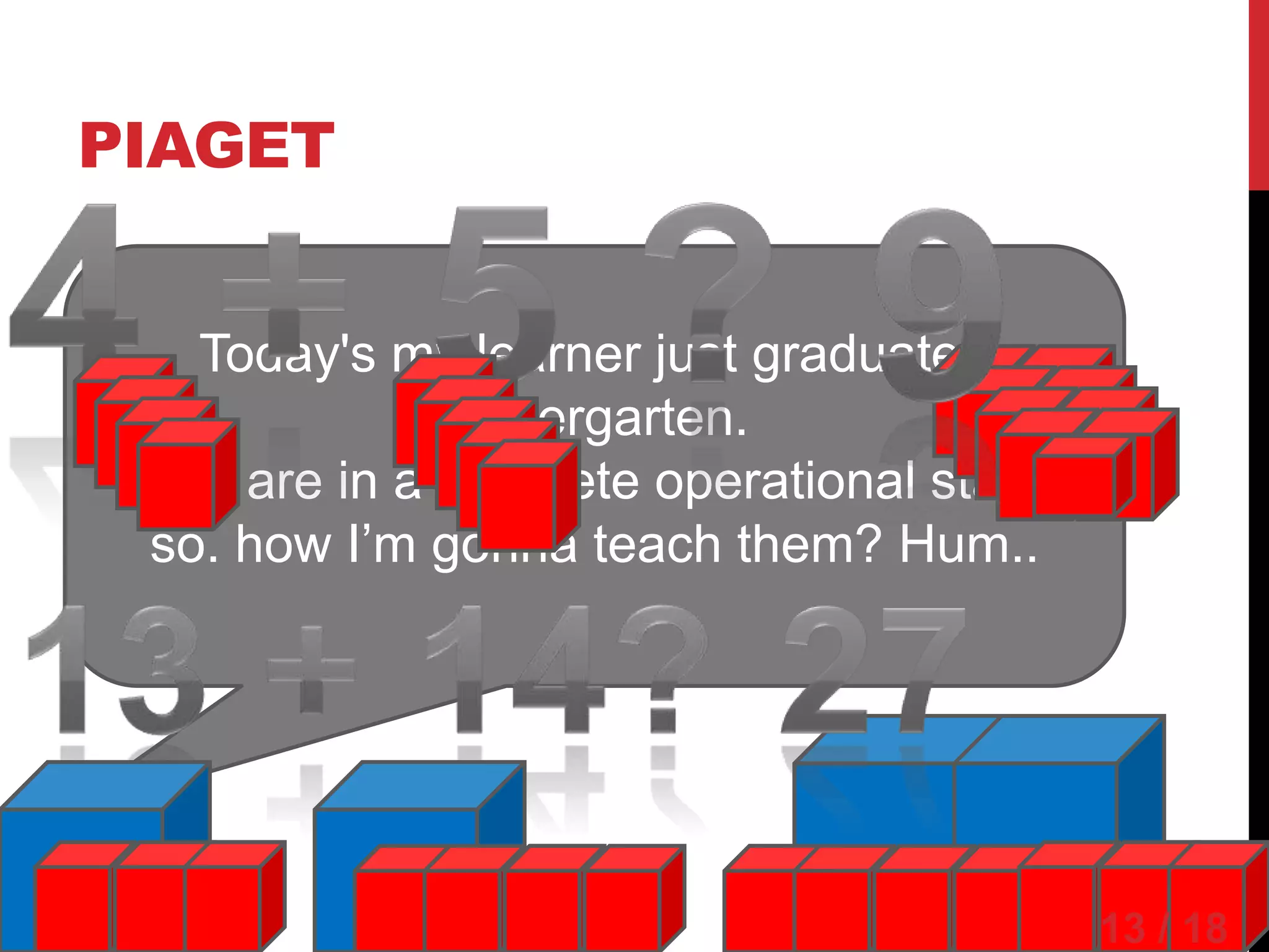PIAGET


   Today's my learner just graduated
              kindergarten.
They are in a concrete operational stage.
 so. how I’m gonna teach them? Hum..




                                            13 / 18
 