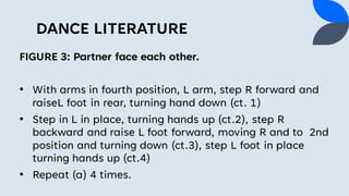 DANCE LITERATURE
FIGURE 3: Partner face each other.
• With arms in fourth position, L arm, step R forward and
raiseL foot in rear, turning hand down (ct. 1)
• Step in L in place, turning hands up (ct.2), step R
backward and raise L foot forward, moving R and to 2nd
position and turning down (ct.3), step L foot in place
turning hands up (ct.4)
• Repeat (a) 4 times.
 