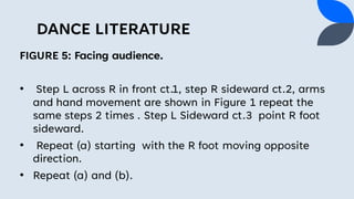 DANCE LITERATURE
FIGURE 5: Facing audience.
• Step L across R in front ct.1, step R sideward ct.2, arms
and hand movement are shown in Figure 1 repeat the
same steps 2 times . Step L Sideward ct.3 point R foot
sideward.
• Repeat (a) starting with the R foot moving opposite
direction.
• Repeat (a) and (b).
 