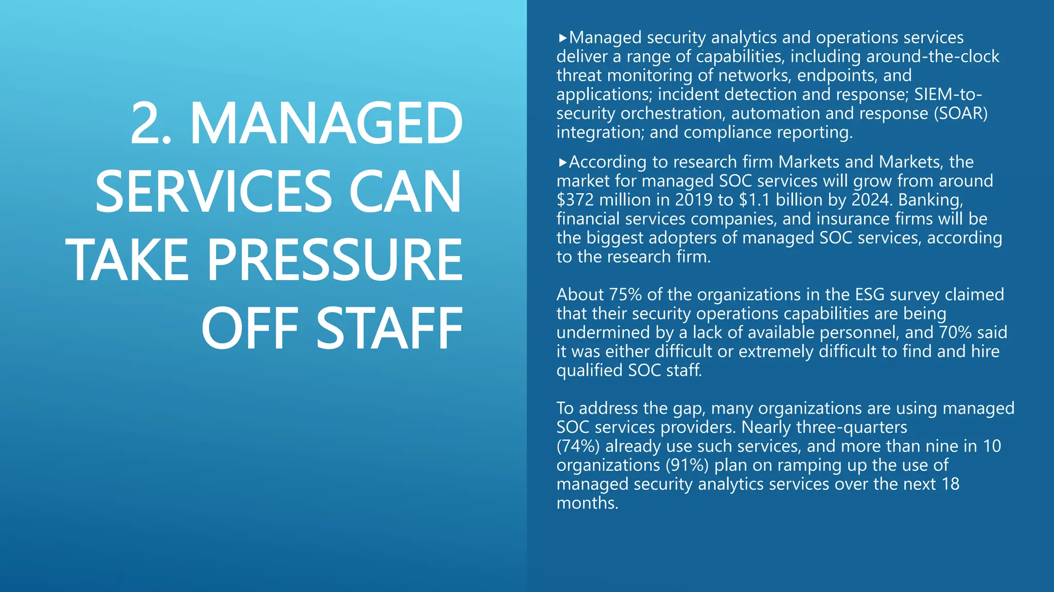 2. MANAGED
SERVICES CAN
TAKE PRESSURE
OFF STAFF
Managed security analytics and operations services
deliver a range of capabilities, including around-the-clock
threat monitoring of networks, endpoints, and
applications; incident detection and response; SIEM-to-
security orchestration, automation and response (SOAR)
integration; and compliance reporting.
According to research firm Markets and Markets, the
market for managed SOC services will grow from around
$372 million in 2019 to $1.1 billion by 2024. Banking,
financial services companies, and insurance firms will be
the biggest adopters of managed SOC services, according
to the research firm.
About 75% of the organizations in the ESG survey claimed
that their security operations capabilities are being
undermined by a lack of available personnel, and 70% said
it was either difficult or extremely difficult to find and hire
qualified SOC staff.
To address the gap, many organizations are using managed
SOC services providers. Nearly three-quarters
(74%) already use such services, and more than nine in 10
organizations (91%) plan on ramping up the use of
managed security analytics services over the next 18
months.
 