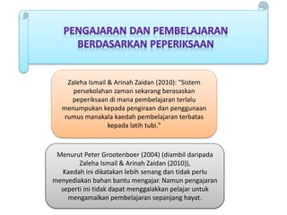 Zaleha Ismail & Arinah Zaidan (2010): "Sistem
persekolahan zaman sekarang berasaskan
peperiksaan di mana pembelajaran terlalu
menumpukan kepada pengiraan dan penggunaan
rumus manakala kaedah pembelajaran terbatas
kepada latih tubi."
Menurut Peter Grootenboer (2004) (diambil daripada
Zaleha Ismail & Arinah Zaidan (2010)),
Kaedah ini dikatakan lebih senang dan tidak perlu
menyediakan bahan bantu mengajar. Namun pengajaran
seperti ini tidak dapat menggalakkan pelajar untuk
mengamalkan pembelajaran sepanjang hayat.
 