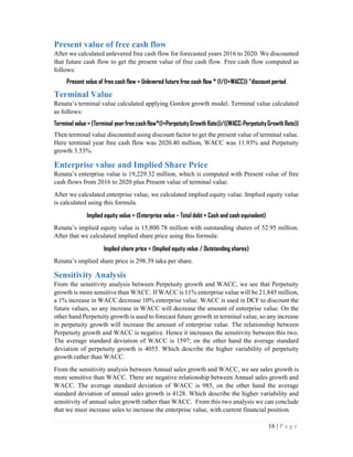 16 | P a g e
Present value of free cash flow
After we calculated unlevered free cash flow for forecasted years 2016 to 2020. We discounted
that future cash flow to get the present value of free cash flow. Free cash flow computed as
follows:
Present value of free cash flow = Unlevered future free cash flow * (1/(1+WACC)) ^discount period
Terminal Value
Renata’s terminal value calculated applying Gordon growth model. Terminal value calculated
as follows:
Terminal value = (Terminal year free cash flow*(1+PerpetuityGrowth Rate))/((WACC-PerpetuityGrowth Rate))
Then terminal value discounted using discount factor to get the present value of terminal value.
Here terminal year free cash flow was 2020.40 million, WACC was 11.93% and Perpetuity
growth 3.53%.
Enterprise value and Implied Share Price
Renata’s enterprise value is 19,229.32 million, which is computed with Present value of free
cash flows from 2016 to 2020 plus Present value of terminal value.
After we calculated enterprise value, we calculated implied equity value. Implied equity value
is calculated using this formula.
Implied equity value = (Enterprise value – Total debt + Cash and cash equivalent)
Renata’s implied equity value is 15,800.78 million with outstanding shares of 52.95 million.
After that we calculated implied share price using this formula:
Implied share price = (Implied equity value / Outstanding shares)
Renata’s implied share price is 298.39 taka per share.
Sensitivity Analysis
From the sensitivity analysis between Perpetuity growth and WACC, we see that Perpetuity
growth is more sensitive than WACC. If WACC is 11% enterprise value will be 21,845 million,
a 1% increase in WACC decrease 10% enterprise value. WACC is used in DCF to discount the
future values, so any increase in WACC will decrease the amount of enterprise value. On the
other hand Perpetuity growth is used to forecast future growth in terminal value, so any increase
in perpetuity growth will increase the amount of enterprise value. The relationship between
Perpetuity growth and WACC is negative. Hence it increases the sensitivity between this two.
The average standard deviation of WACC is 1597; on the other hand the average standard
deviation of perpetuity growth is 4055. Which describe the higher variability of perpetuity
growth rather than WACC.
From the sensitivity analysis between Annual sales growth and WACC, we see sales growth is
more sensitive than WACC. There are negative relationship between Annual sales growth and
WACC. The average standard deviation of WACC is 985, on the other hand the average
standard deviation of annual sales growth is 4128. Which describe the higher variability and
sensitivity of annual sales growth rather than WACC. From this two analysis we can conclude
that we must increase sales to increase the enterprise value, with current financial position.
 