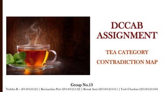 DCCAB
ASSIGNMENT
TEA CATEGORY
CONTRADICTION MAP
Group No.13
Nishtha R – 20140121124 | Ravinandan Puri (20140121132) | Ronak Soni (20140121134 ) | Yash Chauhan (20140121160)
 