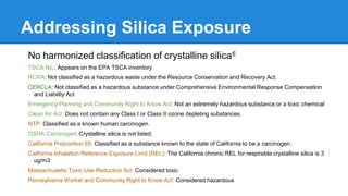 Addressing Silica Exposure
No harmonized classification of crystalline silica6
TSCA No.: Appears on the EPA TSCA inventory
RCRA: Not classified as a hazardous waste under the Resource Conservation and Recovery Act.
CERCLA: Not classified as a hazardous substance under Comprehensive Environmental Response Compensation
and Liability Act
Emergency Planning and Community Right to Know Act: Not an extremely hazardous substance or a toxic chemical
Clean Air Act: Does not contain any Class I or Class II ozone depleting substances.
NTP: Classified as a known human carcinogen.
OSHA Carcinogen: Crystalline silica is not listed.
California Proposition 65: Classified as a substance known to the state of California to be a carcinogen.
California Inhalation Reference Exposure Limit (REL): The California chronic REL for respirable crystalline silica is 3
ug/m3
Massachusetts Toxic Use Reduction Act: Considered toxic
Pennsylvania Worker and Community Right to Know Act: Considered hazardous
 