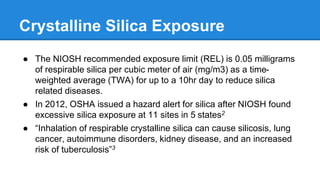 Crystalline Silica Exposure
● The NIOSH recommended exposure limit (REL) is 0.05 milligrams
of respirable silica per cubic meter of air (mg/m3) as a time-
weighted average (TWA) for up to a 10hr day to reduce silica
related diseases.
● In 2012, OSHA issued a hazard alert for silica after NIOSH found
excessive silica exposure at 11 sites in 5 states2
● “Inhalation of respirable crystalline silica can cause silicosis, lung
cancer, autoimmune disorders, kidney disease, and an increased
risk of tuberculosis”3
 