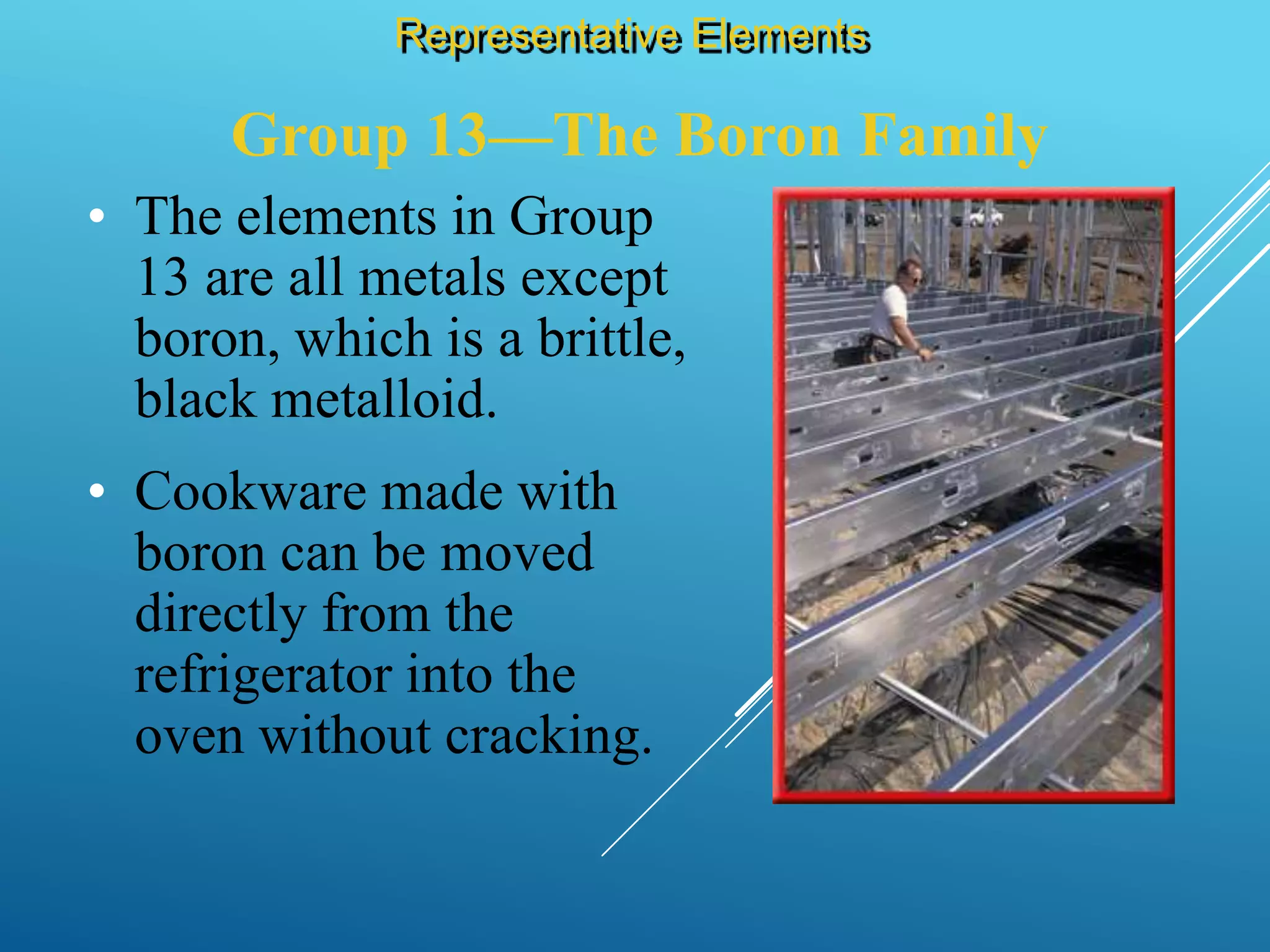 Group 13—The Boron Family
• The elements in Group
13 are all metals except
boron, which is a brittle,
black metalloid.
Representative Elements
• Cookware made with
boron can be moved
directly from the
refrigerator into the
oven without cracking.