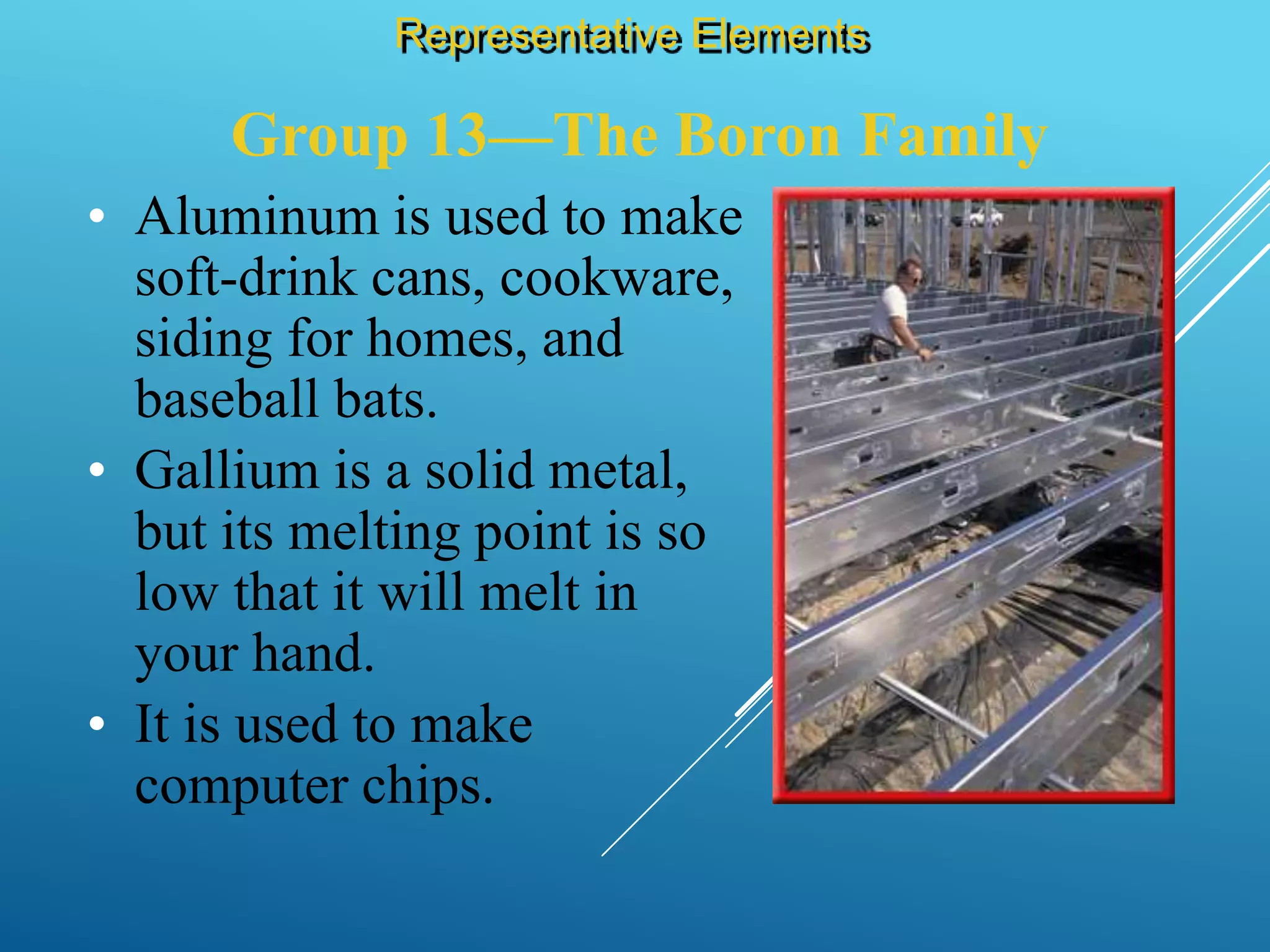 Group 13—The Boron Family
Representative Elements
• Aluminum is used to make
soft-drink cans, cookware,
siding for homes, and
baseball bats.
• Gallium is a solid metal,
but its melting point is so
low that it will melt in
your hand.
• It is used to make
computer chips.