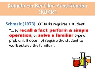 Schmalz (1973) LOT tasks requires a student
“… to recall a fact, perform a simple
operation, or solve a familiar type of
problem. It does not require the student to
work outside the familiar’’.
 