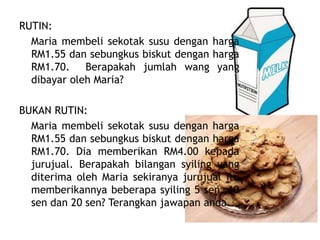 RUTIN:
Maria membeli sekotak susu dengan harga
RM1.55 dan sebungkus biskut dengan harga
RM1.70. Berapakah jumlah wang yang
dibayar oleh Maria?
BUKAN RUTIN:
Maria membeli sekotak susu dengan harga
RM1.55 dan sebungkus biskut dengan harga
RM1.70. Dia memberikan RM4.00 kepada
jurujual. Berapakah bilangan syiling yang
diterima oleh Maria sekiranya jurujual itu
memberikannya beberapa syiling 5 sen, 10
sen dan 20 sen? Terangkan jawapan anda.
 
