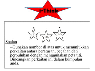 i-Think
Soalan
–Gunakan nombor di atas untuk menunjukkan
perkaitan antara peratusan, pecahan dan
perpuluhan dengan menggunakan peta titi.
Bincangkan perkaitan ini dalam kumpulan
anda.
 