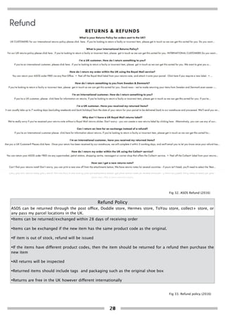 Refund
20
Refund Policy
ASOS can be returned through the post office, Doddle store, Hermes store, ToYou store, collect+ store, or
any pass my parcel locations in the UK.
•Items can be returned/exchanged within 28 days of receiving order
•Items can be exchanged if the new item has the same product code as the original.
•If item is out of stock, refund will be issued
•If the items have different product codes, then the item should be returned for a refund then purchase the
new item
•All returns will be inspected
•Returned items should include tags and packaging such as the original shoe box
•Returns are free in the UK however different internationally
Fig 32. ASOS Refund (2016)
Fig 33. Refund policy (2016)
 