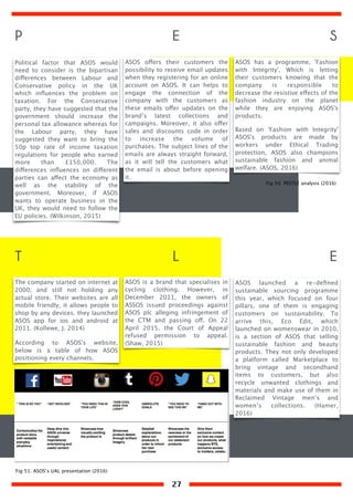 Political factor that ASOS would
need to consider is the bipartisan
differences between Labour and
Conservative policy in the UK
which inﬂuences the problem on
taxation. For the Conservative
party, they have suggested that the
government should increase the
personal tax allowance whereas for
the Labour party, they have
suggested they want to bring the
50p top rate of income taxation
regulations for people who earned
more than £150,000. The
differences inﬂuences on different
parties can affect the economy as
well as the stability of the
government. Moreover, if ASOS
wants to operate business in the
UK, they would need to follow the
EU policies. (Wilkinson, 2015)
ASOS offers their customers the
possibility to receive email updates
when they registering for an online
account on ASOS. It can helps to
engage the connection of the
company with the customers as
these emails offer updates on the
brand’s latest collections and
campaigns. Moreover, it also offer
sales and discounts code in order
to increase the volume of
purchases. The subject lines of the
emails are always straight forward,
as it will tell the customers what
the email is about before opening
it.
E S
L ET
ASOS has a programme, 'Fashion
with Integrity', Which is letting
their customers knowing that the
company is responsible to
decrease the resistive effects of the
fashion industry on the planet
while they are enjoying ASOS's
products.
Based on 'Fashion with Integrity'
ASOS's products are made by
workers under Ethical Trading
protection, ASOS also champions
sustainable fashion and animal
welfare. (ASOS, 2016)
The company started on internet at
2000, and still not holding any
actual store. Their websites are all
mobile friendly, it allows people to
shop by any devices. they launched
ASOS app for ios and android at
2011. (Kollewe, J. 2014)
According to ASOS's website,
below is a table of how ASOS
positioning every channels.
ASOS is a brand that specialises in
cycling clothing. However, in
December 2011, the owners of
ASSOS issued proceedings against
ASOS plc alleging infringement of
the CTM and passing off. On 22
April 2015, the Court of Appeal
refused permission to appeal.
(Shaw, 2015)
ASOS launched a re-deﬁned
sustainable sourcing programme
this year, which focused on four
pillars, one of them is engaging
customers on sustainability. To
arrive this, Eco Edit, which
launched on womenswear in 2010,
is a section of ASOS that selling
sustainable fashion and beauty
products. They not only developed
a platform called Marketplace to
bring vintage and secondhand
items to customers, but also
recycle unwanted clothings and
materials and make use of them in
Reclaimed Vintage men’s and
women’s collections. (Hamer,
2016)
Fig 50. PESTLE analysis (2016)
Fig 51. ASOS’s UAL presentation (2016)
P
27
 
