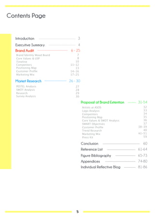 Proposal of Brand Extention 31-54
Conclusion 60
Reference List 61-64
Figure Bibliography 65-73
Appendices 74-80
Individual Reflective Blog 81-86
Artists at ASOS
Logo Analysis
Competitors
Positioning Map
Core Values & SWOT Analysis
SMART Objectives
Customer Proﬁle
Trend Research
Marketing Mix
Press Kit
Introduction 3
Executive Summary 4
Brand Audit 6 - 25
Market Research 26 - 30
Brand Identity Mood Board
Core Values & USP
Timeline
Competitors
Positioning Map
Customer Proﬁle
Marketing Mix
PESTEL Analysis
SWOT Analysis
Research
Survey Analysis
7
8
10
11-12
13
14-16
17-25
27
28
29
30
32
33
34
35
36
37
38-39
40
41-51
59
Contents Page
5
 