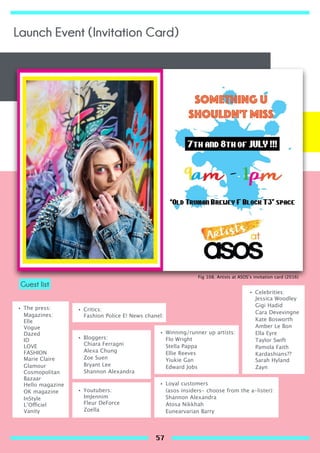 • The press:
Magazines:
Elle
Vogue
Dazed
ID
LOVE
FASHION
Marie Claire
Glamour
Cosmopolitan
Bazaar
Hello magazine
OK magazine
InStyle
L’Officiel
Vanity
Guest list
• Celebrities:
Jessica Woodley
Gigi Hadid
Cara Devevingne
Kate Bosworth
Amber Le Bon
Ella Eyre
Taylor Swift
Pamola Faith
Kardashians??
Sarah Hyland
Zayn
• Bloggers:
Chiara Ferragni
Alexa Chung
Zoe Suen
Bryant Lee
Shannon Alexandra
• Youtubers:
ImJennim
Fleur DeForce
Zoella
• Loyal customers
(asos insiders- choose from the a-lister):
Shannon Alexandra
Atosa Nikkhah
Eunearvarian Barry
• Winning/runner up artists:
Flo Wright
Stella Pappa
Ellie Reeves
Yiukie Gan
Edward Jobs
• Critics:
Fashion Police E! News chanel:
Fig 108. Artists at ASOS’s invitation card (2016)
Launch Event (Invitation Card)
57
 