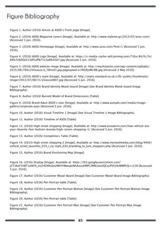 Figure 1. Author (2016) Artists at ASOS’s Front page [Image].
Figure 2. (2016) ASOS Magazine covers [Image]. Available at: http://www.styleme.gr/2013/07/asos-com/
[Accessed 5 Jun. 2016].
Figure 3. (2016) ASOS Homepage [Image]. Available at: http://www.asos.com/?hrd=1 [Accessed 5 Jun.
2016].
Figure 4. (2016) ASOS Logo [Image]. Available at: https://s-media-cache-ak0.pinimg.com/736x/84/fc/7e/
84fc7e826d123df5aff87313a8fe45b7.jpg [Accessed 5 Jun. 2016].
Figure 5. (2016) ASOS website image [Image]. Available at: http://mychicpicks.com/wp-content/uploads/
2015/08/784x350xasos.it_784x01.jpg.pagespeed.ic.FRGPjzML9W.jpg [Accessed 2 May 2016].
Figure 6. (2016) ASOS’s team [Image]. Available at: http://static.standard.co.uk/s3fs-public/thumbnails/
image/2013/07/08/11/22asos0807.jpg [Accessed 5 Jun. 2016].
Figure 7. Author (2016) Brand Identity Mood-board [Image] (See Brand Identity Mood-board Image
Bibliography).
Figure 8. Author (2016) Burnett Model of Brand Dimensions [Table].
Figure 9. (2016) Brand Aduit ASOS’s stair [Image]. Available at: http://www.asosplc.com/media/image-
gallery/corporate.aspx [Accessed 5 Jun. 2016].
Figure 10. Author (2016) Visual Timeline 1 [Image] (See Visual Timeline 1 Image Bibliography).
Figure 11. Author (2016) Timeline of ASOS [Table]
Figure 12. (2016) High street shopping [Image]. Available at: http://www.ecouterre.com/how-ethical-are-
your-favorite-fast-fashion-brands/high-street-shopping-1/ [Accessed 5 Jun. 2016].
Figure 13. Author (2016) Competitors Table [Table].
Figure 14. (2013) High street shopping 2 [Image]. Available at: http://www.myretailmedia.com/blog/9440/
oxford_street_launches_039_i_ny-style_039_branding_to_lure_shoppers.php [Accessed 5 Jun. 2016].
Figure 15. Author (2016) Brand Positioning Map [Image].
Figure 16. (2016) Display [Image]. Available at: https://lh3.googleusercontent.com/
J2T3AxF5hBT1wNY6_eU2404Rs0oUlWFtYMwvpeNhAzou6MPL3MN1eeslQCysPSYe9oMMPLQ=s128 [Accessed
5 Jun. 2016].
Figure 17. Author (2016) Customer Mood-Board [Image] (See Customer Mood-Board Image Bibliography).
Figure 18. Author (2016) Pen Portrait table [Table].
Figure 19. Author (2016) Customer Pen Portrait Woman [Image] (See Customer Pen Portrait Woman Image
Bibliography).
Figure 20. Author (2016) Pen Portrait table [Table].
Figure 21. Author (2016) Customer Pen Portrait Man [Image] (See Customer Pen Portrait Man Image
Bibliography).
Figure Bibliography
65
 