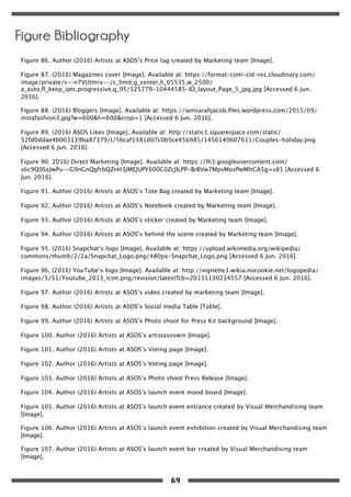 Figure 86. Author (2016) Artists at ASOS’s Price tag created by Marketing team [Image].
Figure 87. (2016) Magazines cover [Image]. Available at: https://format-com-cld-res.cloudinary.com/
image/private/s--n7VUtmrx--/c_limit,g_center,h_65535,w_2500/
a_auto,ﬂ_keep_iptc.progressive,q_95/125779-10444585-ID_layout_Page_5_jpg.jpg [Accessed 6 Jun.
2016].
Figure 88. (2016) Bloggers [Image]. Available at: https://iamsarahjacob.ﬁles.wordpress.com/2015/09/
instafashion3.jpg?w=600&h=600&crop=1 [Accessed 6 Jun. 2016].
Figure 89. (2016) ASOS Likes [Image]. Available at: http://static1.squarespace.com/static/
52fd0ddae4b003139ba87379/t/56caf1381d07c0b5ce45b985/1456140607611/Couples-holiday.png
[Accessed 6 Jun. 2016].
Figure 90. 2016) Direct Marketing [Image]. Available at: https://lh3.googleusercontent.com/
s6c9Q9SxJwPu--G9nGnQgfrbQZnH3JMEJUPY600C0ZcJlLPP-BrBVw7MpvMosPwMltCA5g=s85 [Accessed 6
Jun. 2016].
Figure 91. Author (2016) Artists at ASOS’s Tote Bag created by Marketing team [Image].
Figure 92. Author (2016) Artists at ASOS’s Notebook created by Marketing team [Image].
Figure 93. Author (2016) Artists at ASOS’s sticker created by Marketing team [Image].
Figure 94. Author (2016) Artists at ASOS’s behind the scene created by Marketing team [Image].
Figure 95. (2016) Snapchat’s logo [Image]. Available at: https://upload.wikimedia.org/wikipedia/
commons/thumb/2/2a/Snapchat_Logo.png/480px-Snapchat_Logo.png [Accessed 6 Jun. 2016].
Figure 96. (2016) YouTube’s logo [Image]. Available at: http://vignette3.wikia.nocookie.net/logopedia/
images/5/51/Youtube_2013_icon.png/revision/latest?cb=20131130214557 [Accessed 6 Jun. 2016].
Figure 97. Author (2016) Artists at ASOS’s video created by marketing team [Image].
Figure 98. Author (2016) Artists at ASOS’s Social media Table [Table].
Figure 99. Author (2016) Artists at ASOS’s Photo shoot for Press Kit background [Image].
Figure 100. Author (2016) Artists at ASOS’s artistasoswin [Image].
Figure 101. Author (2016) Artists at ASOS’s Voting page [Image].
Figure 102. Author (2016) Artists at ASOS’s Voting page [Image].
Figure 103. Author (2016) Artists at ASOS’s Photo shoot Press Release [Image].
Figure 104. Author (2016) Artists at ASOS’s launch event mood board [Image].
Figure 105. Author (2016) Artists at ASOS’s launch event entrance created by Visual Merchandising team
[Image].
Figure 106. Author (2016) Artists at ASOS’s launch event exhibition created by Visual Merchandising team
[Image].
Figure 107. Author (2016) Artists at ASOS’s launch event bar created by Visual Merchandising team
[Image].
Figure Bibliography
69
 