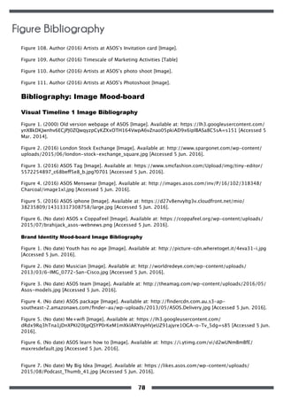 Figure 108. Author (2016) Artists at ASOS’s Invitation card [Image].
Figure 109. Author (2016) Timescale of Marketing Activities [Table]
Figure 110. Author (2016) Artists at ASOS’s photo shoot [Image].
Figure 111. Author (2016) Artists at ASOS’s Photoshoot [Image].
Bibliography: Image Mood-board
Visual Timeline 1 Image Bibliography
Figure 1. (2000) Old version webpage of ASOS [Image]. Available at: https://lh3.googleusercontent.com/
ynXBkDKJwnhv6ECjPJ0ZQwqyzpCyKZXxOTH164VwpA6vZnao05pkiAD9x6iplBASa8C5sA=s151 [Accessed 5
Mar. 2014].
Figure 2. (2016) London Stock Exchange [Image]. Available at: http://www.spargonet.com/wp-content/
uploads/2015/06/london-stock-exchange_square.jpg [Accessed 5 Jun. 2016].
Figure 3. (2016) ASOS Tag [Image]. Available at: https://www.smcfashion.com/Upload/img/tiny-editor/
5572254897_c68beff5e8_b.jpg?0701 [Accessed 5 Jun. 2016].
Figure 4. (2016) ASOS Menswear [Image]. Available at: http://images.asos.com/inv/P/16/102/318348/
Charcoal/image1xl.jpg [Accessed 5 Jun. 2016].
Figure 5. (2016) ASOS iphone [Image]. Available at: https://d27v8envyltg3v.cloudfront.net/mio/
38235809/14313317308758/large.jpg [Accessed 5 Jun. 2016].
Figure 6. (No date) ASOS x CoppaFeel [Image]. Available at: https://coppafeel.org/wp-content/uploads/
2015/07/brahijack_asos-webnews.png [Accessed 5 Jun. 2016].
Brand Identity Mood-board Image Bibliography
Figure 1. (No date) Youth has no age [Image]. Available at: http://picture-cdn.wheretoget.it/4eva31-i.jpg
[Accessed 5 Jun. 2016].
Figure 2. (No date) Musician [Image]. Available at: http://worldredeye.com/wp-content/uploads/
2013/03/6-IMG_0772-San-Cisco.jpg [Accessed 5 Jun. 2016].
Figure 3. (No date) ASOS team [Image]. Available at: http://theamag.com/wp-content/uploads/2016/05/
Asos-models.jpg [Accessed 5 Jun. 2016].
Figure 4. (No date) ASOS package [Image]. Available at: http://ﬁndercdn.com.au.s3-ap-
southeast-2.amazonaws.com/ﬁnder-au/wp-uploads/2013/05/ASOS.Delivery.jpg [Accessed 5 Jun. 2016].
Figure 5. (No date) Me+wiﬁ [Image]. Available at: https://lh3.googleusercontent.com/
dRdx9Rq3hTna1jDnXPKI20IjpQSYP0rKeM1mXklARYoyHVjeUZ91ajyre1OGA-o-Tv_5dg=s85 [Accessed 5 Jun.
2016].
Figure 6. (No date) ASOS learn how to [Image]. Available at: https://i.ytimg.com/vi/d2wUNmBmBfE/
maxresdefault.jpg [Accessed 5 Jun. 2016].
Figure 7. (No date) My Big Idea [Image]. Available at: https://likes.asos.com/wp-content/uploads/
2015/08/Podcast_Thumb_41.jpg [Accessed 5 Jun. 2016].
Figure Bibliography
70
 