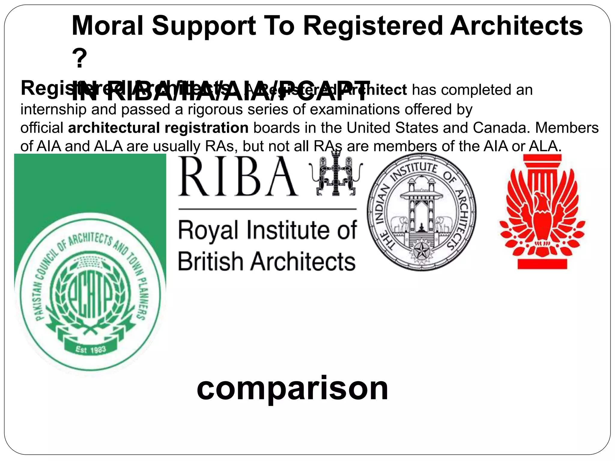 Moral Support To Registered Architects
?
IN RIBA/IIA/AIA/PCAPTRegistered Architects: A Registered Architect has completed an
internship and passed a rigorous series of examinations offered by
official architectural registration boards in the United States and Canada. Members
of AIA and ALA are usually RAs, but not all RAs are members of the AIA or ALA.
comparison
 